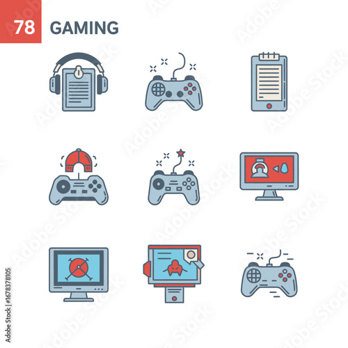 Dynamic gaming icons showcase controllers headsets and computer screens for modern entertainment experiences