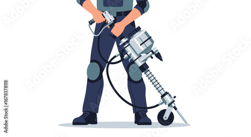 Construction worker using jackhammer, demolition worker with power tool
