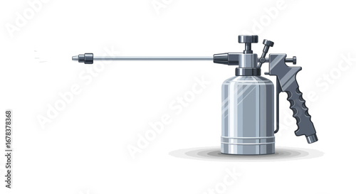 Detailed silver sprayer with ergonomic grip, isolated on white surface