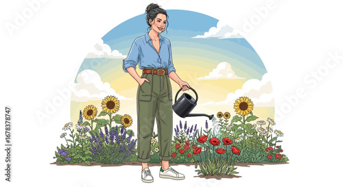 Elegant woman watering vivid blooming flowers in a picturesque garden setting