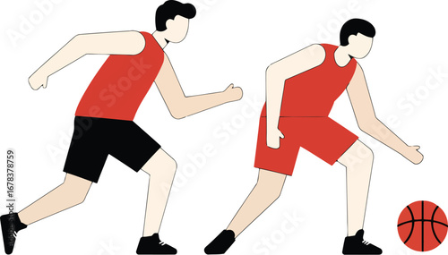 Basketball players dribbling and running
