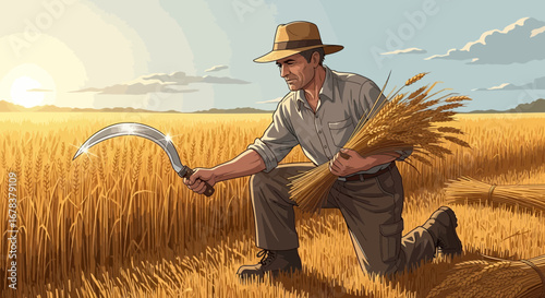 Farmer Harvesting Wheat Field with Hand Sickle at Sunrise Landscape