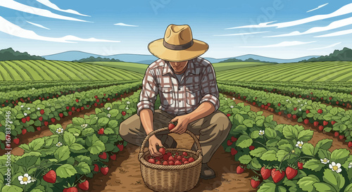 Farmer harvests ripe strawberries in a field on a picturesque day