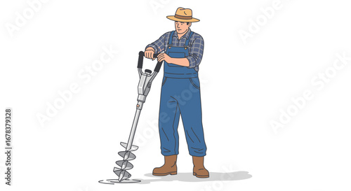 Farmer operating a powered earth auger for agricultural purposes with precision