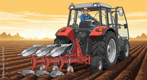Farmer operating a tractor with plow in a cultivated field landscape