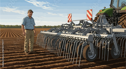 Farmer inspecting field preparation with heavy farm equipment, agricultural concept