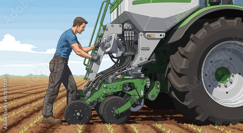 Farmer operating advanced seeding equipment on field under blue sky