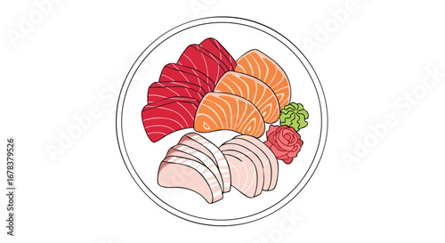 Illustrative sashimi assortment presented on a white dish, featuring salmon, tuna, and yellowtail, accompanied by pickled ginger and wasabi garnish