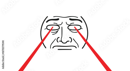 Cartoon face with laser beams emanating from eyes expresses intense focus or frustration
