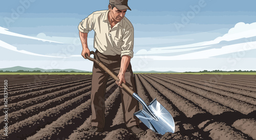 Farmer prepares soil with shovel, rural farming scene illustration