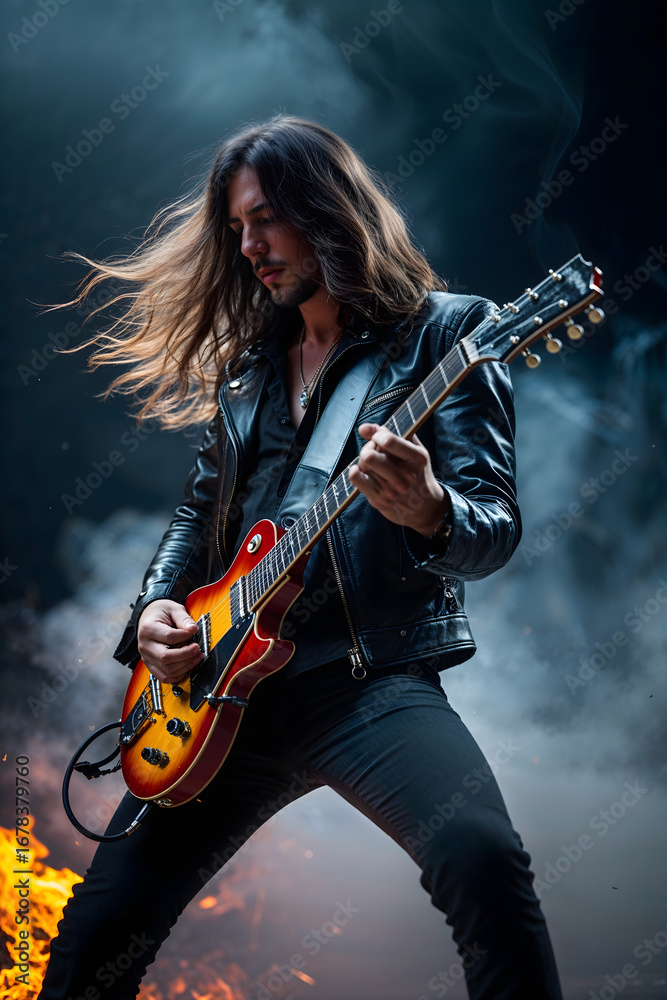 Fototapeta premium Rock guitarist in leather jacket and long hair playing his instrument on the stage with smoke and fire generative AI