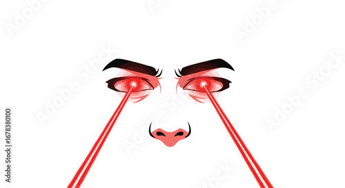 Laser Vision: Intense Stare with Red Energy Beams Emanating From Eyes minimal vector illustration, no background or texture, character comic depiction