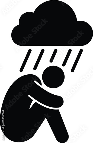 Sad person under rain cloud icon