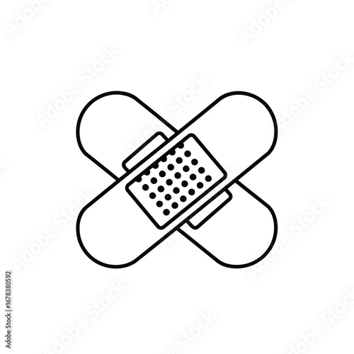 A simple black and white line drawing of two adhesive bandages crossed over each other.