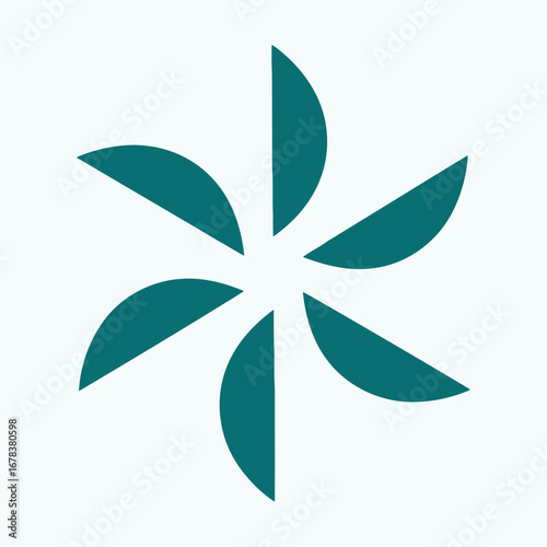 Abstract graphic design featuring six teal crescent shapes arranged in a circular, pinwheel pattern on a light background.