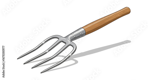 Illustrated pitchfork with wooden handle, suitable for agricultural tasks