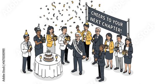 Celebrating a new chapter: A professional retirement party filled with joy and goodwill among colleagues and champagne cheers
