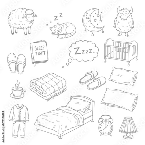 Cute hand-drawn bedtime illustrations, including sheep, cat, monster, crib, slippers, book, blanket, pajamas, and alarm clock.