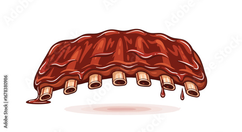 Cartoon rendering showcases succulent ribs dripping with rich, flavorful sauce, perfectly illustrating appetizing barbecue dishes that tempt the