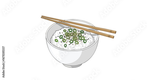 Delicate rice bowl illustration topped with scallions, enhanced by traditional wooden chopsticks and white background, food presentation
