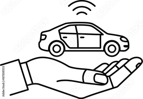 Hand holds autonomous car icon