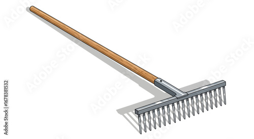 Illustration of a Gardening Rake with Wooden Handle and Metal Tines