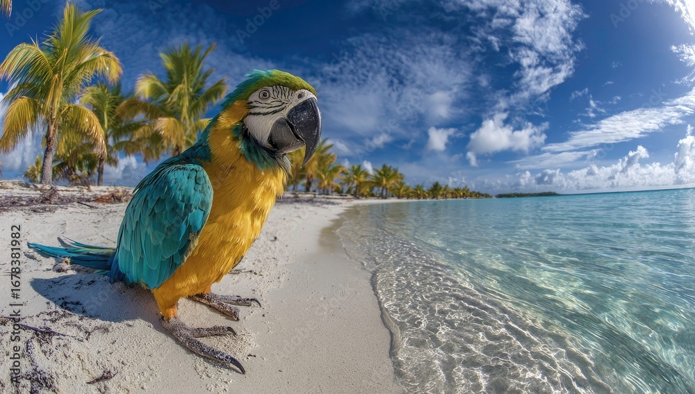 Obraz premium Colorful parrot on a tropical beach with palm trees and clear water