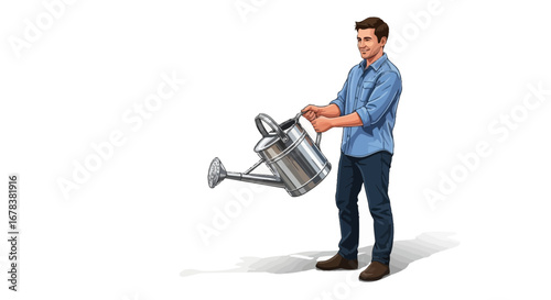Illustration of a smiling man holding a vintage metal watering can