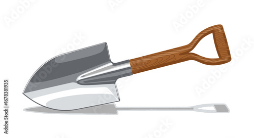 Illustration of a spade with a wooden handle for gardening purposes