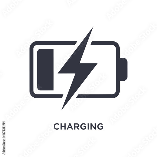Battery charging icon, dark gray, lightning bolt graphic.