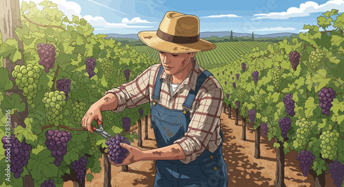 Illustration of a vintner harvesting grapes in a picturesque vineyard