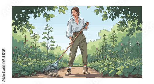 Illustration of a woman raking leaves in a lush garden under a canopy