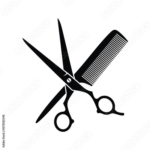 Black silhouette of a pair of open scissors crossed with a comb, representing hairdressing and barber tools for grooming.