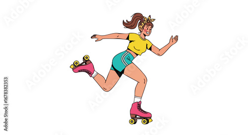 Dynamic roller skater girl illustration showcasing her agility and enthusiasm for outdoor recreational activities with vibrant colors and a fun