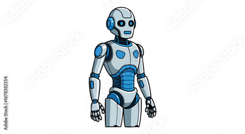 Illustration of a bipedal robot with a streamlined design and blue and white color scheme on a white background suitable for technology-themed