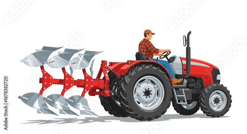 Illustrative farmer on a red tractor pulling a plow across a field