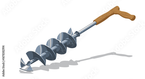 Isometric view of an earth auger with wooden handle, on white background