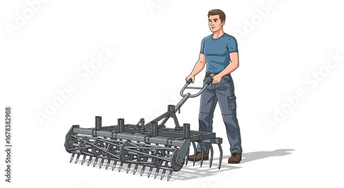 Man operating a mechanical cultivator for small-scale farming illustration