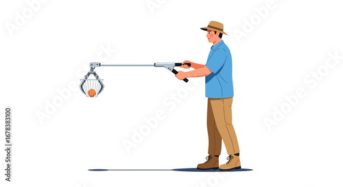 Man using fruit picker to gather oranges or other round produce