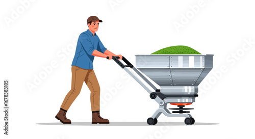 Man uses a spreader to spread fertilizer on the lawn, gardening concept