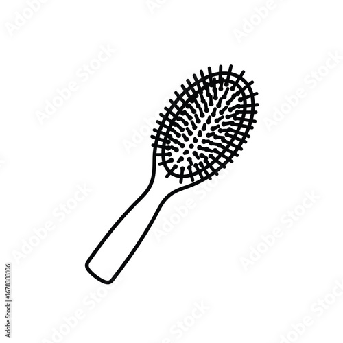 Black and white line drawing of an oval-shaped hairbrush with a wooden handle.
