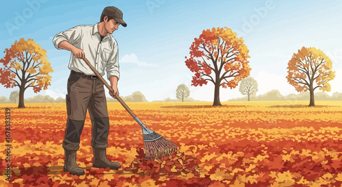 Man raking autumn leaves, outdoor cleanup chore vector illustration