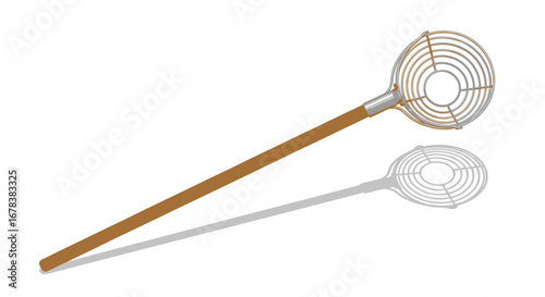 Minimalist illustration of vintage kitchen spider strainer on white backdrop