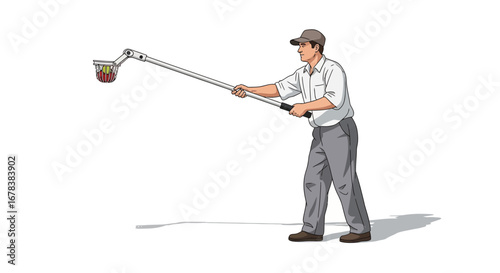 Orchard worker harvesting fruit with long reach picker, isolated illustration