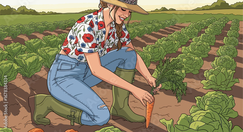 Smiling Farmer Harvesting Fresh Carrots in a Verdant Field Illustration