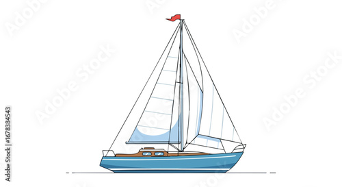 Illustration of a sailboat with a red flag on a white background sailing on the water marine transportation summer vacation journey