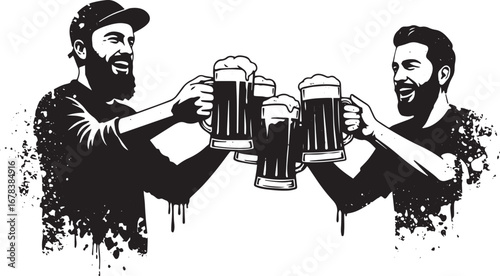 Two happy men clinking beer mugs in stylized black and white ill
