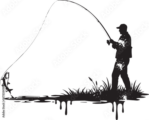 Silhouette of a fisherman catching fish, casting fishing rod, si
