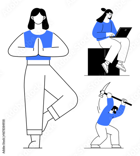 Woman balancing in a tree yoga pose, person working on laptop seated on a block, and miner swinging a pickaxe. Ideal for mindfulness, productivity, hard work, balance, perseverance, remote work