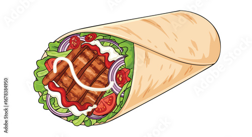 Delicious Grilled Meat Wrap with Fresh Vegetables and Creamy Sauce on Neutral Background, Ideal for Culinary Delights presentation